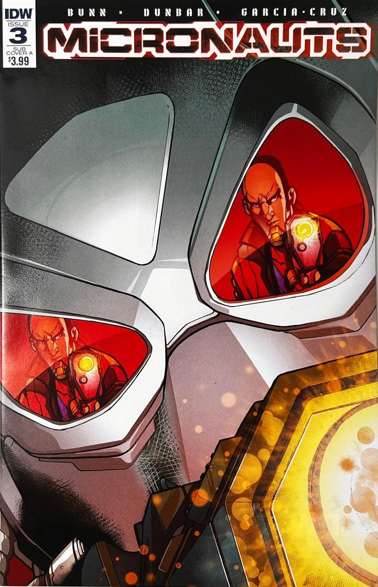 Micronauts issue 3 Sub Cover A comic book published by IDW Publishing featuring Max Dunbar cover art of Space Glider's helmet visor reflecting an armed foe.
