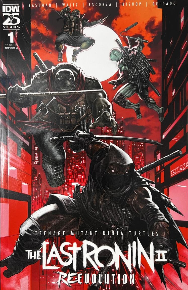 TMNT The Last Ronin II Evolution issue 1 comic book published by IDW Publishing featuring Escorza cover art of the new generation Ninja Turtles leaping through a red dystopian city.