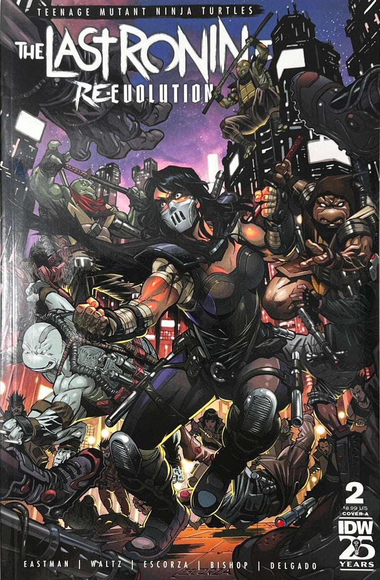 TMNT The Last Ronin II Evolution issue 2 comic book published by IDW Publishing featuring Escorza cover art of Casey Marie O'Neil leaping into action alongside the new Ninja Turtles.