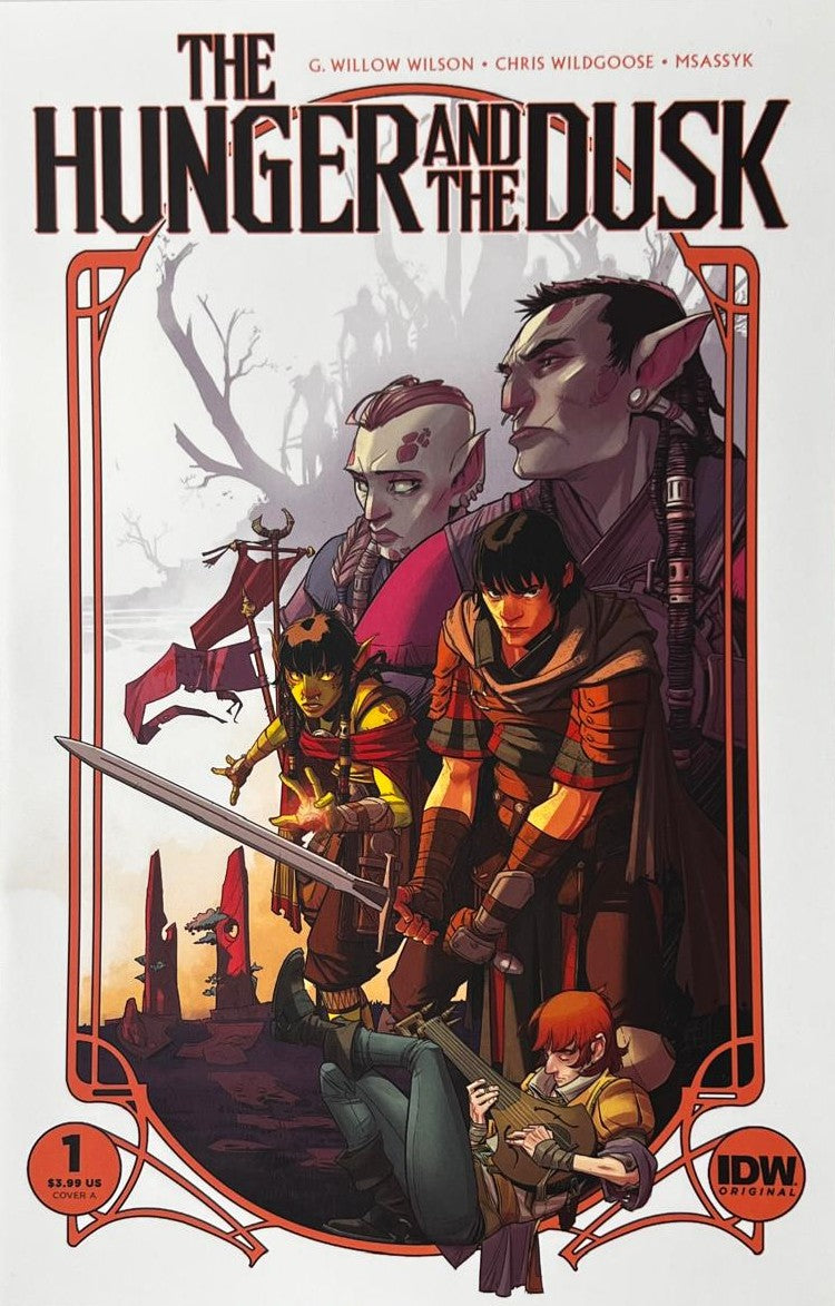 The Hunger and the Dusk issue 1 comic book published by IDW Publishing featuring Chris Wildgoose cover art of a human swordsman, orc magic-caster, and bard in an Art Nouveau frame.