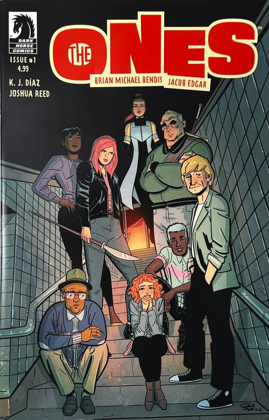 The Ones issue 1 comic book published by Dark Horse Comics featuring Jacob Edgar cover art of a team of diverse chosen ones standing on subway stairs.