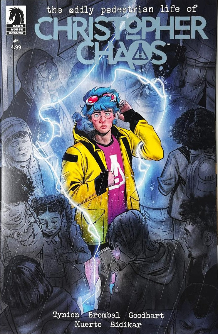 The Oddly Pedestrian Life of Christopher Chaos issue 1 comic book published by Dark Horse Comics featuring cover art of blue haired teenager Christopher Chaos glowing with blue energy in a high school hallway crowd.