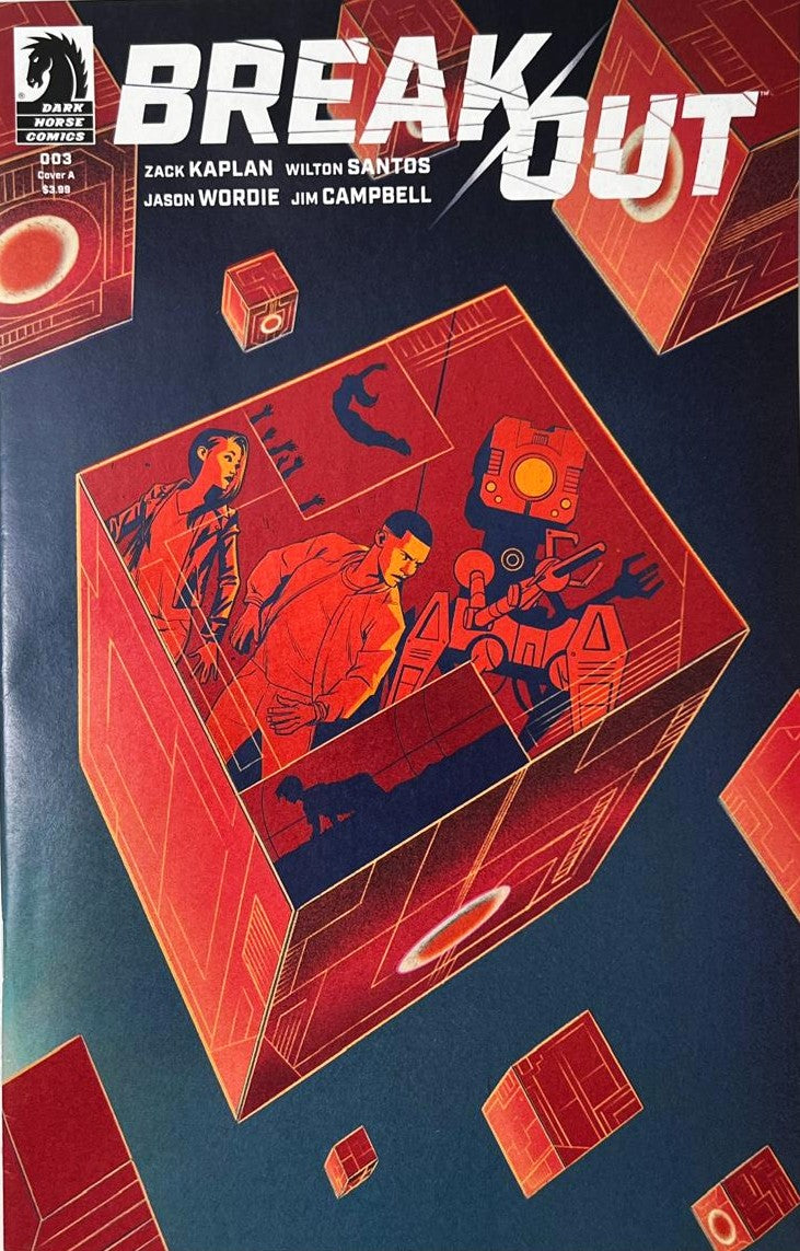 Break Out issue 3 comic book published by Dark Horse Comics featuring Wilton Santos cover art of glowing red cubic prison cells floating in dark blue space with teenagers inside.