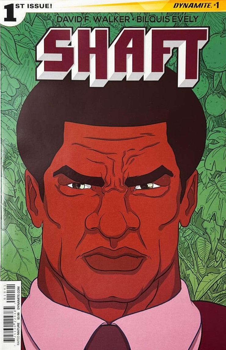 Shaft issue 1 variant comic book published by Dynamite Entertainment featuring Bilquis Evely cover art of John Shaft close-up portrait against a green patterned background.