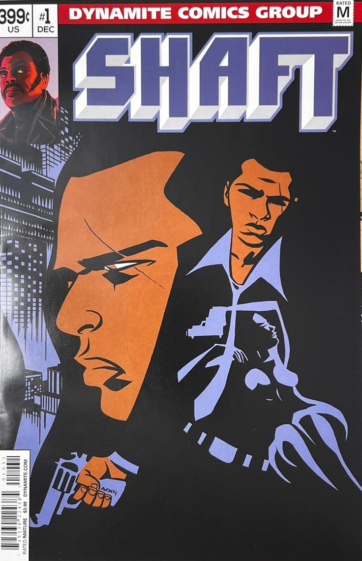 Shaft issue 1 variant comic book published by Dynamite Entertainment featuring Michael Avon Oeming cover art of John Shaft holding a gun in front of a blue and orange skyline.