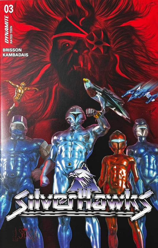 SilverHawks issue 3 virgin variant comic book published by Dynamite Entertainment featuring Mark Spears cover art of Quicksilver and team with MonStar in a red background.