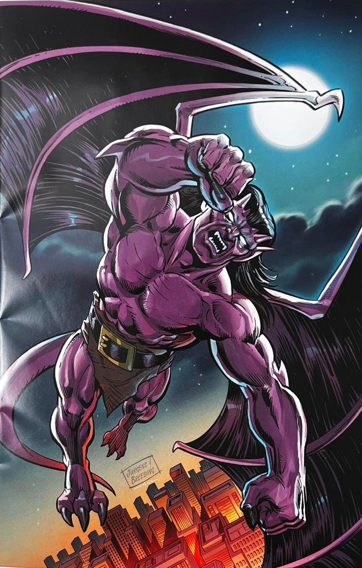 Gargoyles issue 1 virgin variant comic book published by Dynamite Entertainment featuring Dan Jurgens cover art of Goliath flying over New York City under a full moon.