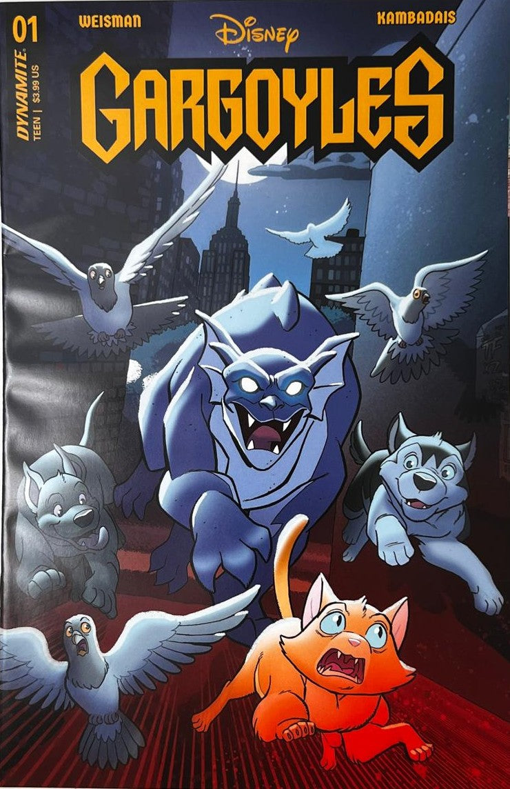 Gargoyles issue 1 comic book published by Dynamite Entertainment featuring George Kambadais cover art of Bronx chasing pigeons and a cat on New York City streets.
