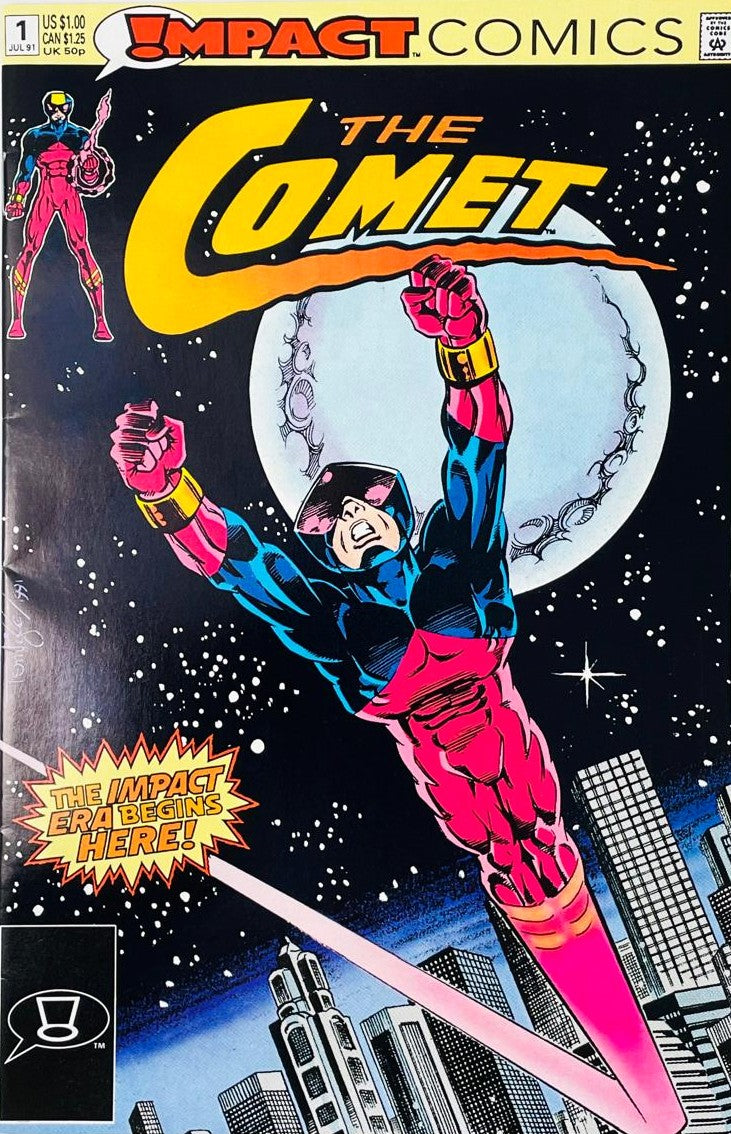 The Comet issue 1 comic book published by DC Impact Comics featuring Tom Lyle cover art of The Comet flying into space above a city.