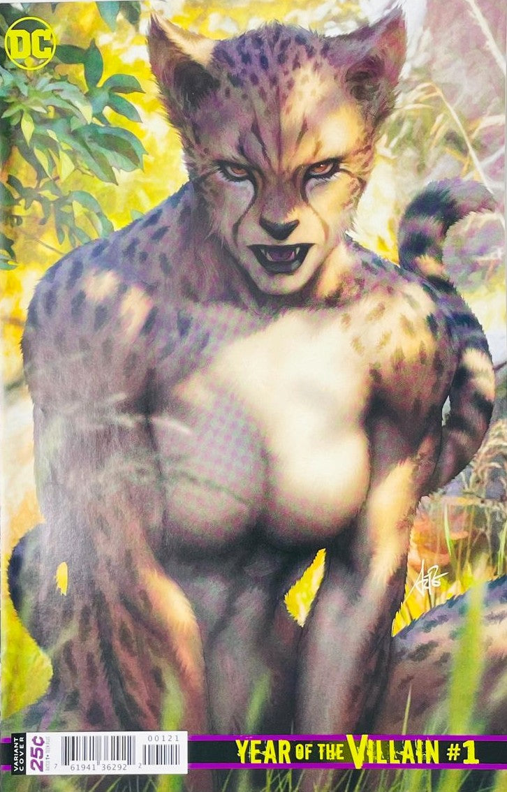 DC's Year of the Villain issue 1 comic book published by DC Comics featuring Stanley Artgerm Lau cover B artwork of Cheetah crouching in a jungle.