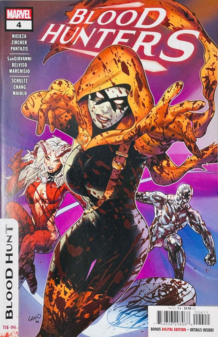 Blood Hunters issue 4 comic book published by Marvel Comics featuring Greg Land cover art of Hobgoblin covered in blood alongside Satana and Silver Surfer.