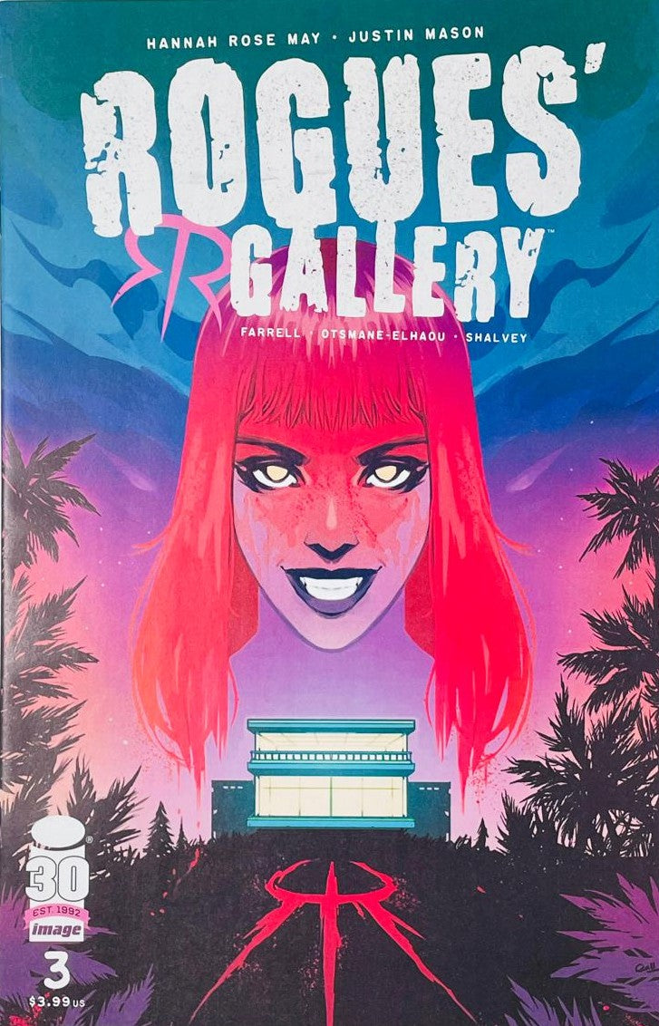 Rogues' Gallery issue 3 comic book published by Image Comics featuring Declan Shalvey cover art of a glowing pink portrait looming over a mansion.
