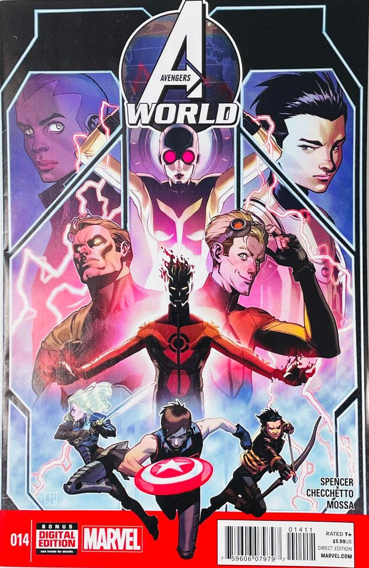 Avengers World issue 14 comic book published by Marvel Comics featuring Marco Checchetto cover art of Sunspot Cannonball and Smasher in stained glass panels.