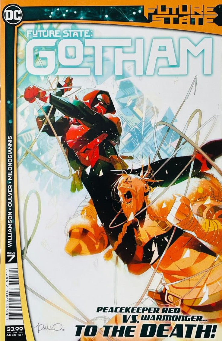 Future State Gotham issue 7 comic book published by DC Comics featuring Simone Di Meo cover art of Peacekeeper Red Jason Todd fighting Warmonger.
