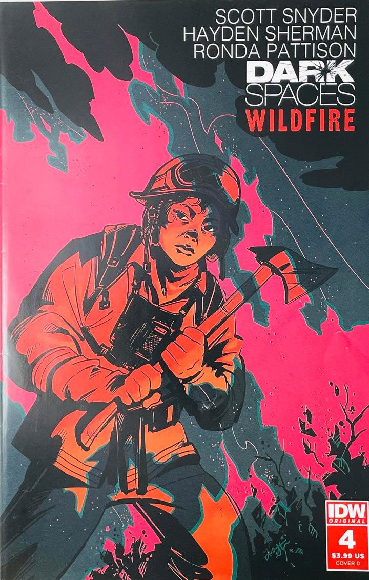 Dark Spaces Wildfire issue 4 comic book published by IDW Publishing featuring Hayden Sherman cover art of an inmate firefighter with an axe in neon smoke.