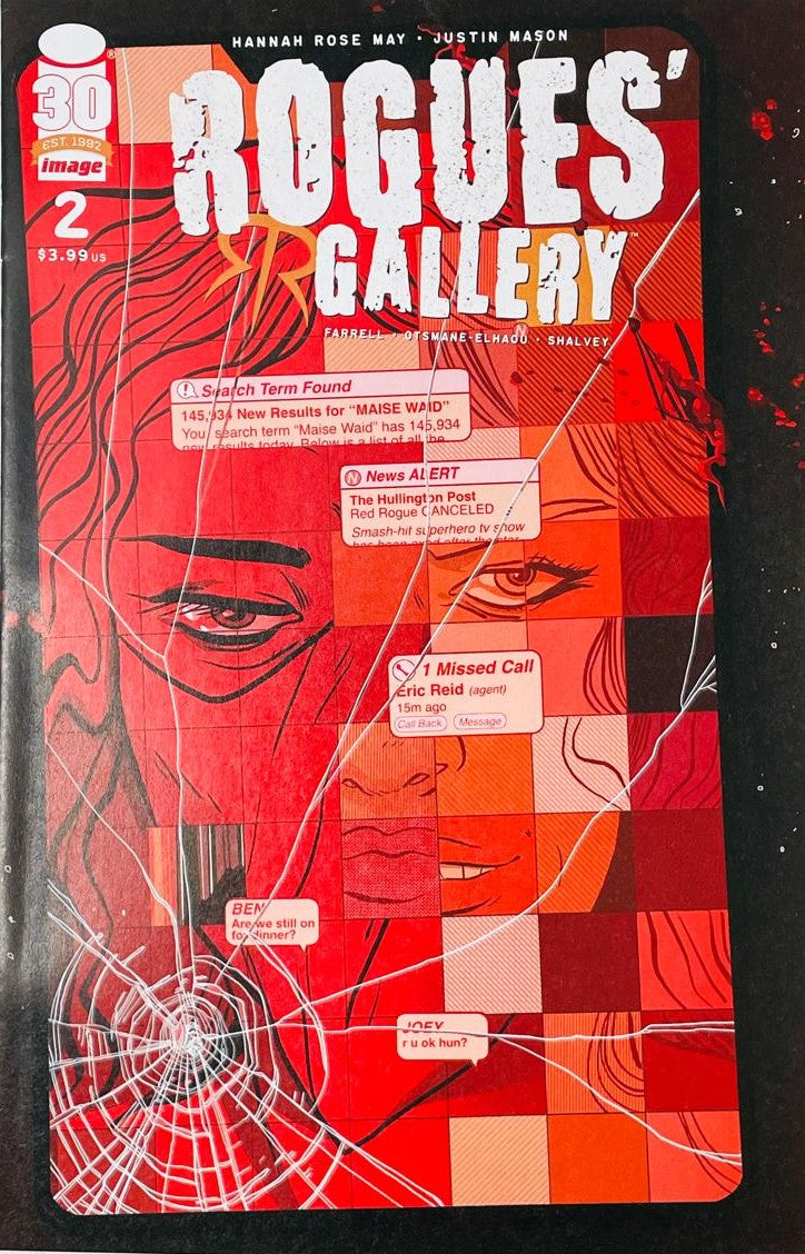 Rogues' Gallery issue 2 comic book published by Image Comics featuring cover art of a cracked phone screen showing actress Maisie Wade and mobile alerts.
