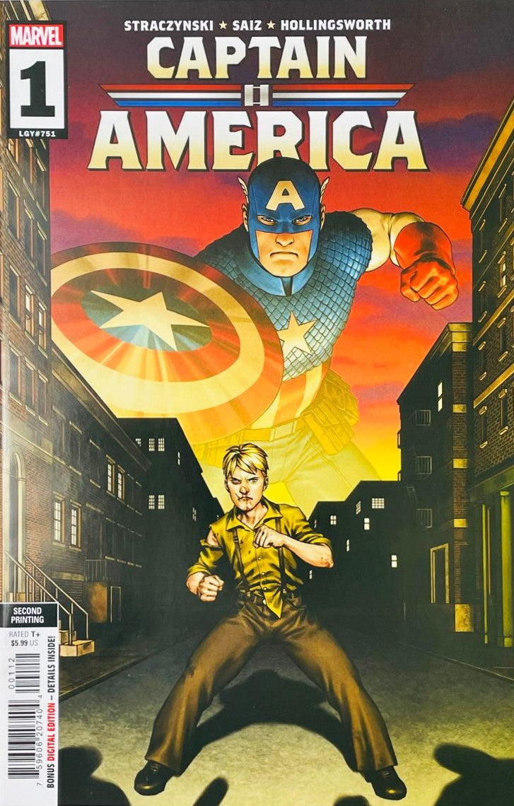 Captain America issue 1 second printing variant comic book published by Marvel Comics featuring Jesús Saiz cover art of young Steve Rogers and Captain America's shadow.