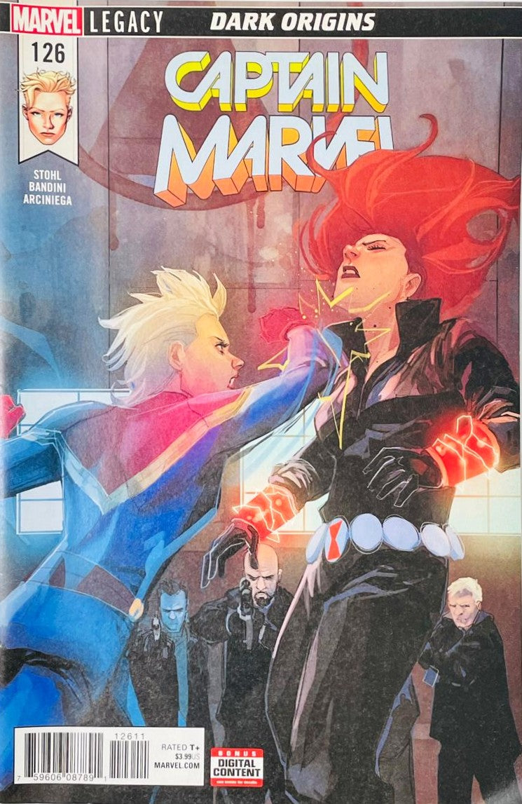 Captain Marvel issue 126 comic book published by Marvel Comics featuring Phil Noto cover art of Captain Marvel punching Black Widow in Dark Origins.