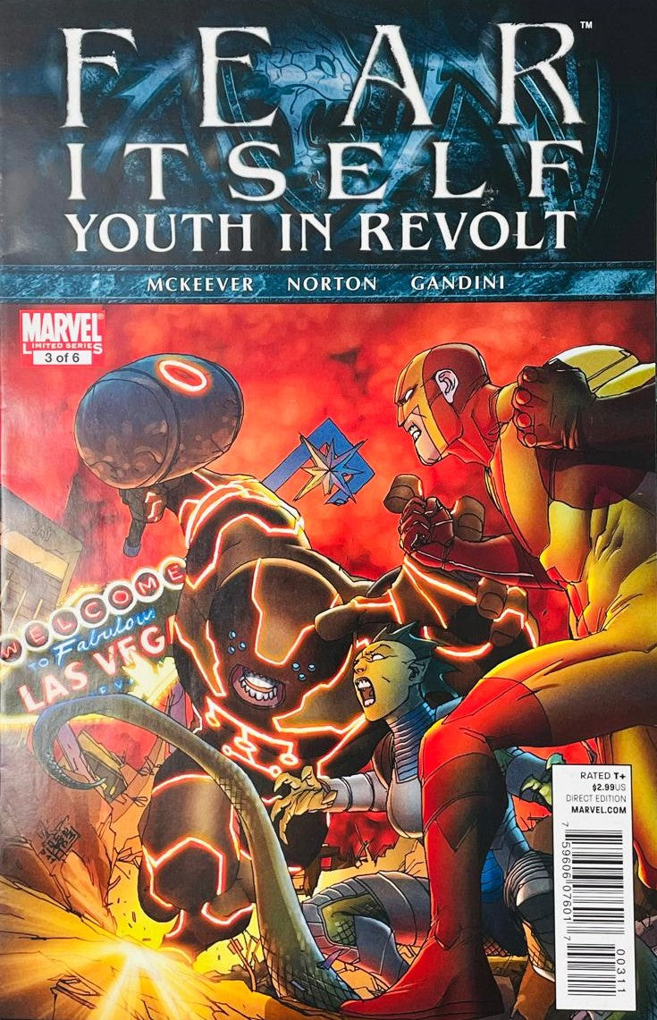 Fear Itself Youth In Revolt issue 3 comic book published by Marvel Comics featuring Kalman Andrasofszky cover art of young heroes fighting in Las Vegas.
