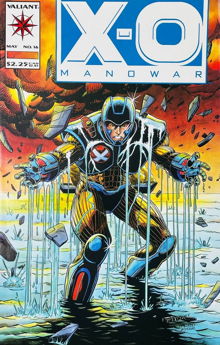 X-O Manowar issue 16 comic book published by Valiant Comics featuring Howard Halsted and David Ryder cover art of Aric emerging from water amidst explosions.