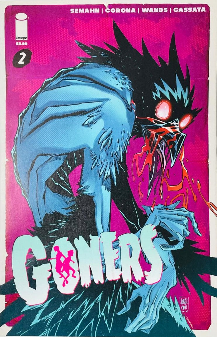 Goners issue 2 comic book published by Image Comics featuring Jorge Corona cover art of a monstrous feathered creature with glowing red eyes.