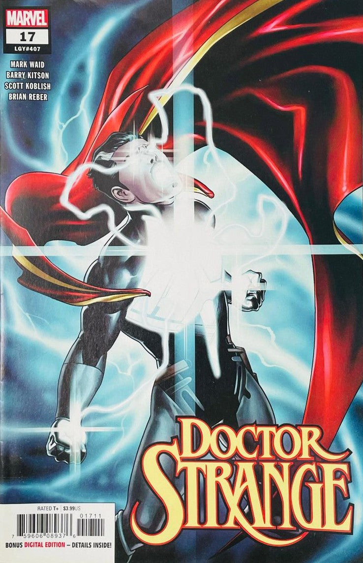 Doctor Strange issue 17 comic book published by Marvel Comics featuring Jesus Saiz cover art of Stephen Strange struck by mystical chest energy.