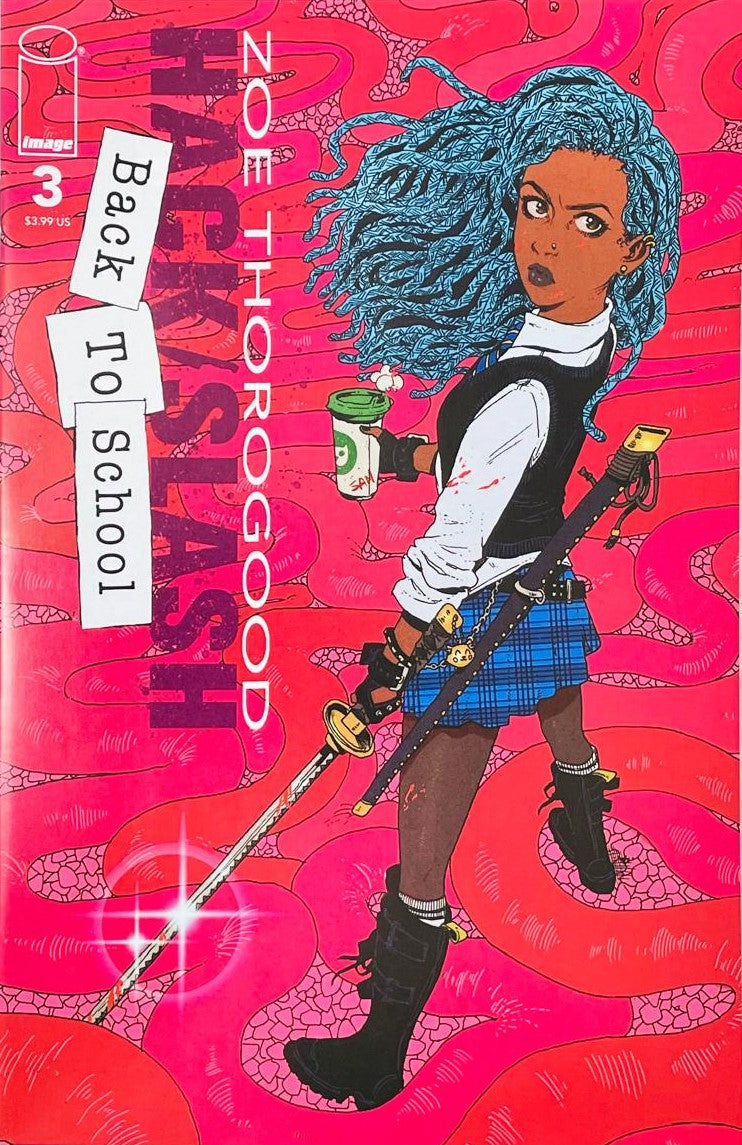 Hack Slash Back To School issue 3 comic book published by Image Comics featuring Zoe Thorogood cover art of a blue-haired girl holding a katana sword.