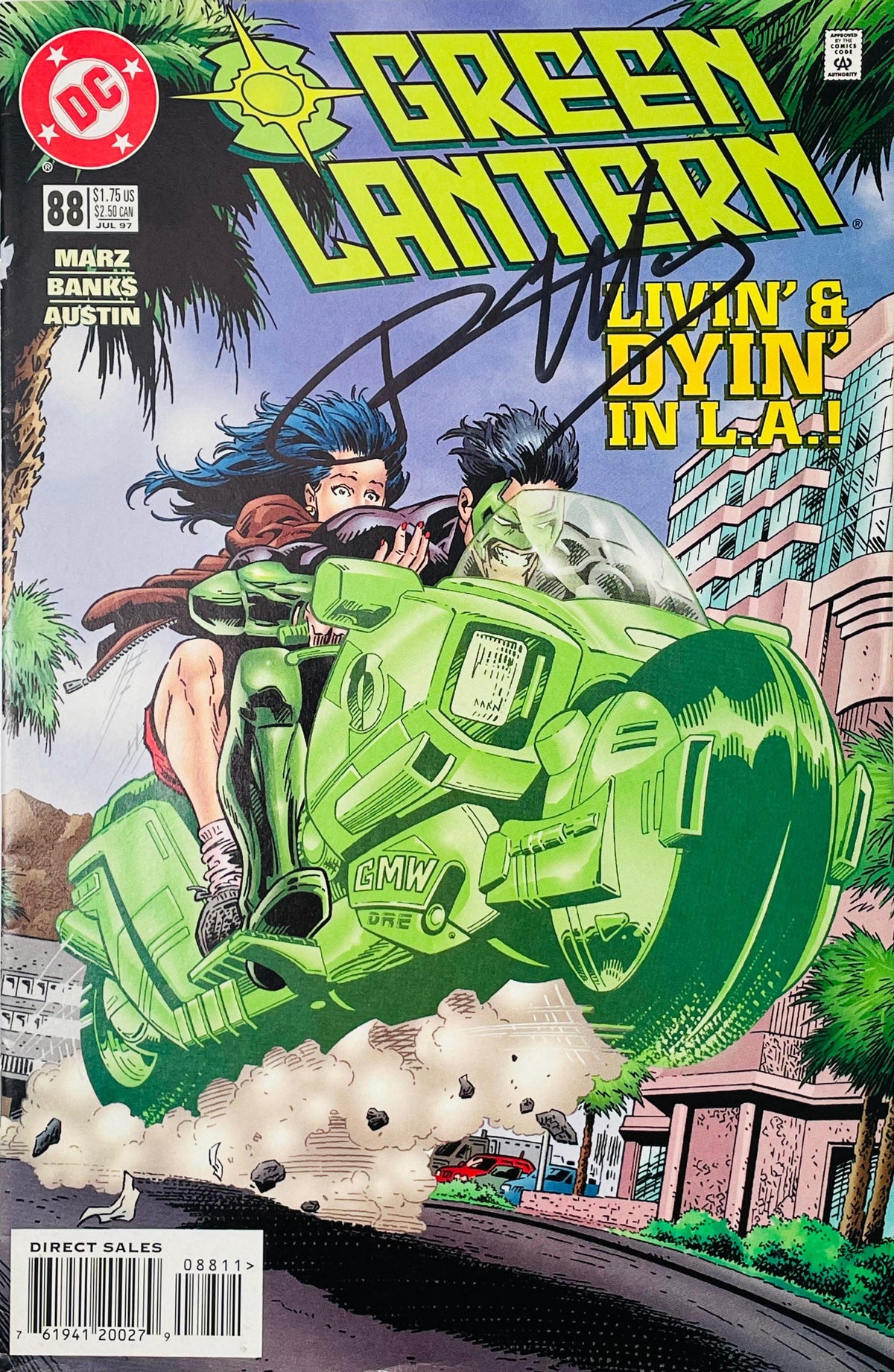 Green Lantern issue 88 signed comic book published by DC Comics featuring Kyle Rayner and Jade on a green construct motorcycle with black signature across cover.