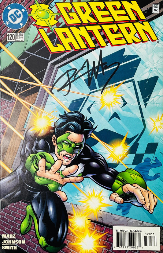 Green Lantern issue 120 signed comic book published by DC Comics featuring Kyle Rayner diving amid laser fire with black signature across cover.