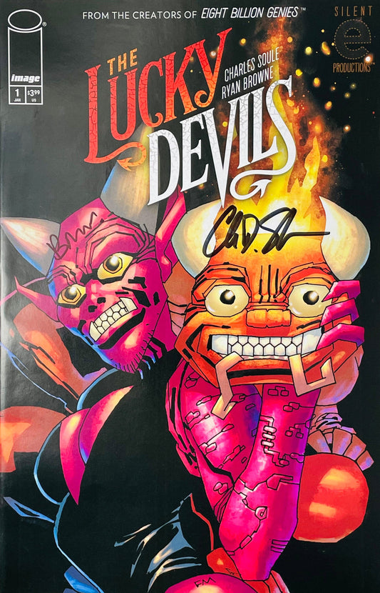 The Lucky Devils issue 1 dual signed comic book published by Image Comics featuring devil character cover art and signatures by Charles Soule and Ryan Browne.