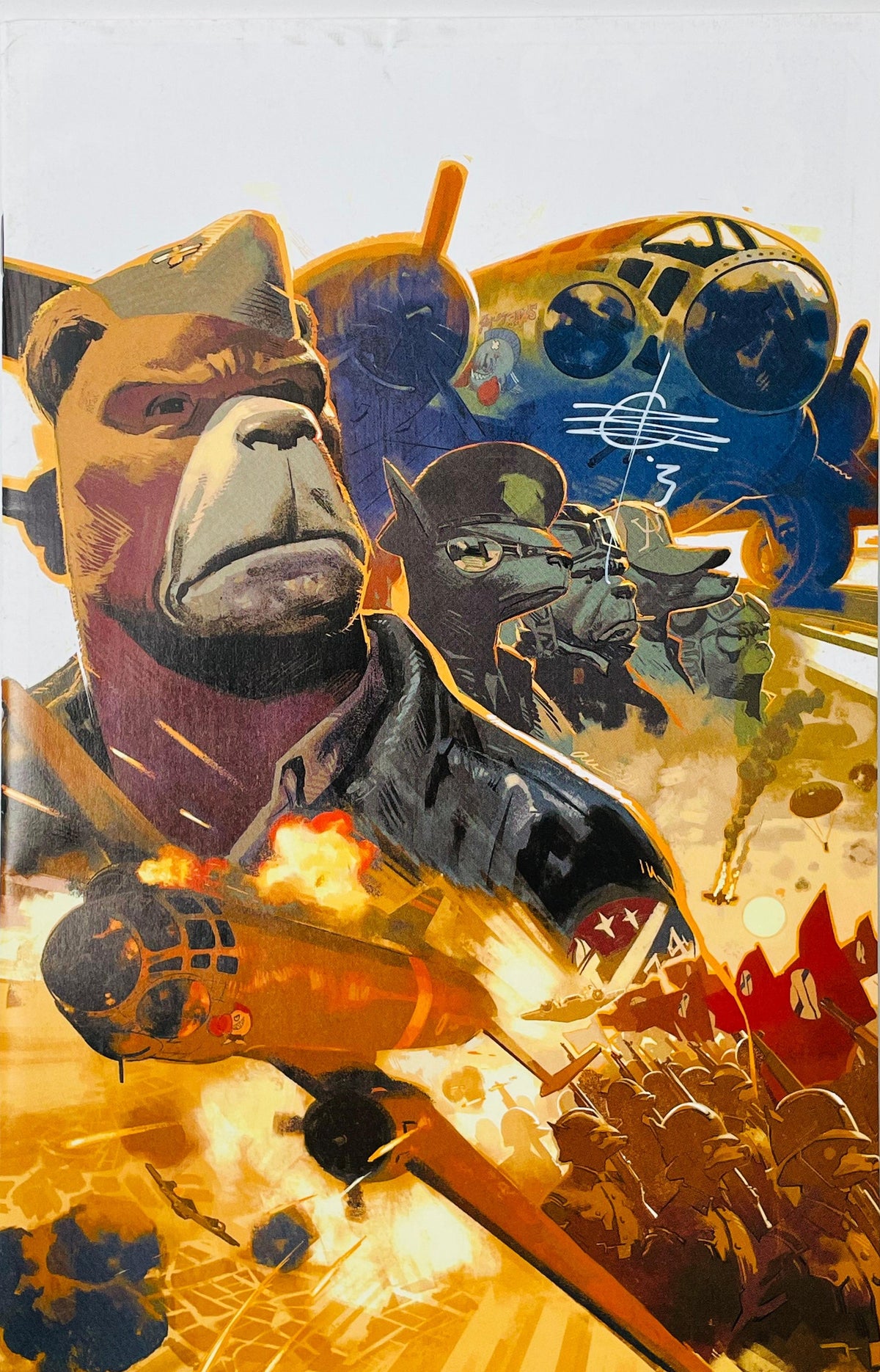 Blacksad style signed virgin cover comic book featuring painted artwork of anthropomorphic canine WWII officers, bomber planes, and explosions with signature in silver ink.
