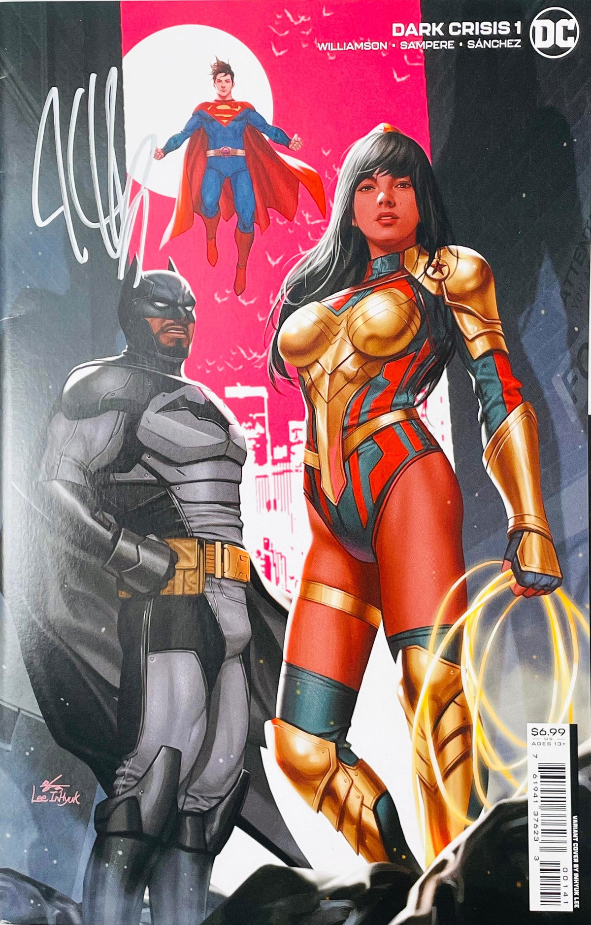 Dark Crisis issue 1 signed variant comic book published by DC Comics featuring cover art by InHyuk Lee with Yara Flor, Jace Fox, and Jon Kent with silver signature.