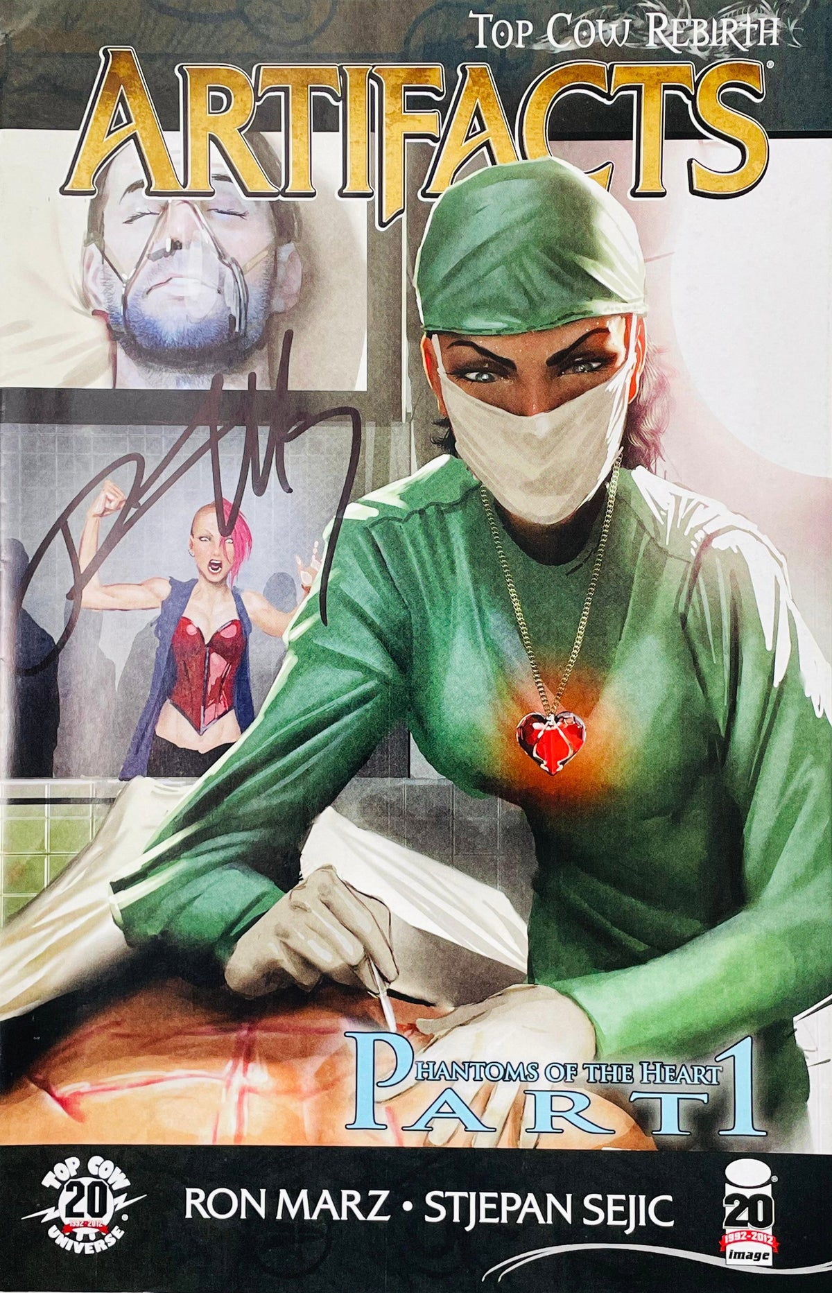 Artifacts issue 18 signed comic book published by Top Cow Image Comics featuring Dr. Abigail van Alstine in surgeon scrubs with Heart Stone painted cover art by Stjepan Sejic with black signature.