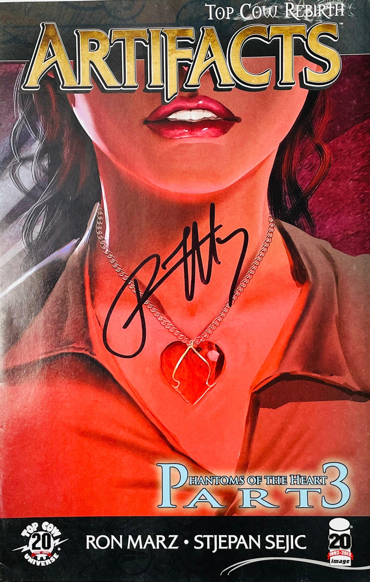 Artifacts issue 20 signed comic book published by Top Cow Image Comics featuring close-up painted cover art by Stjepan Sejic of Abigail van Alstine wearing Heart Stone necklace with black signature.