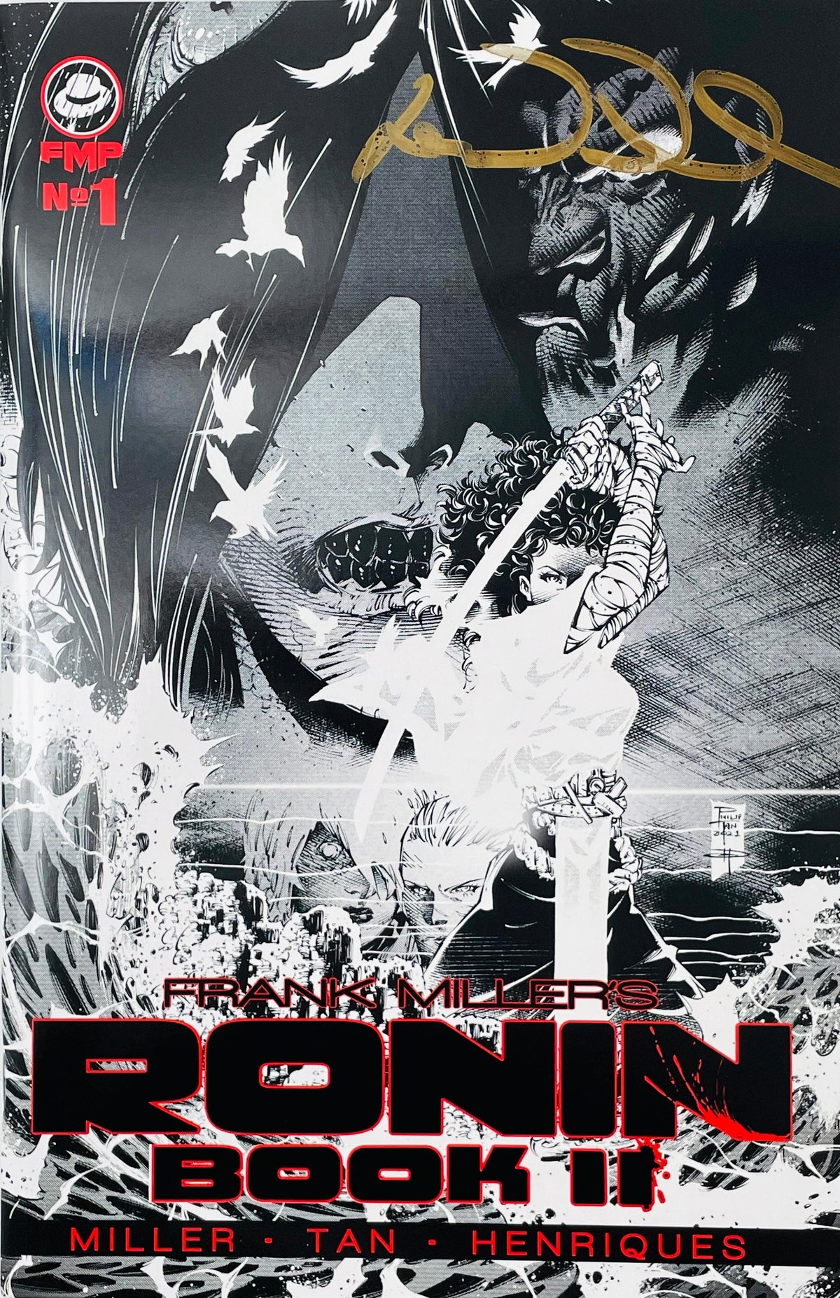 Frank Miller's Ronin Book II issue 1 signed comic book published by Frank Miller Presents featuring black and white samurai cover art by Philip Tan with gold metallic signature.