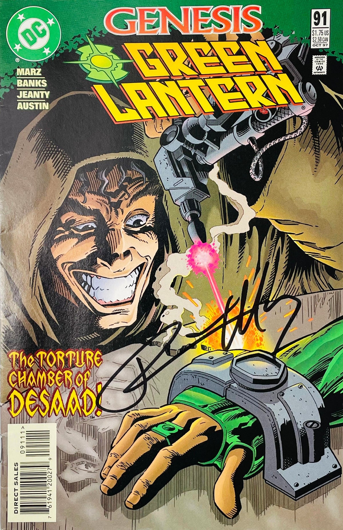 Green Lantern issue 91 signed comic book published by DC Comics featuring DeSaad torturing Kyle Rayner cover art signed in black marker.