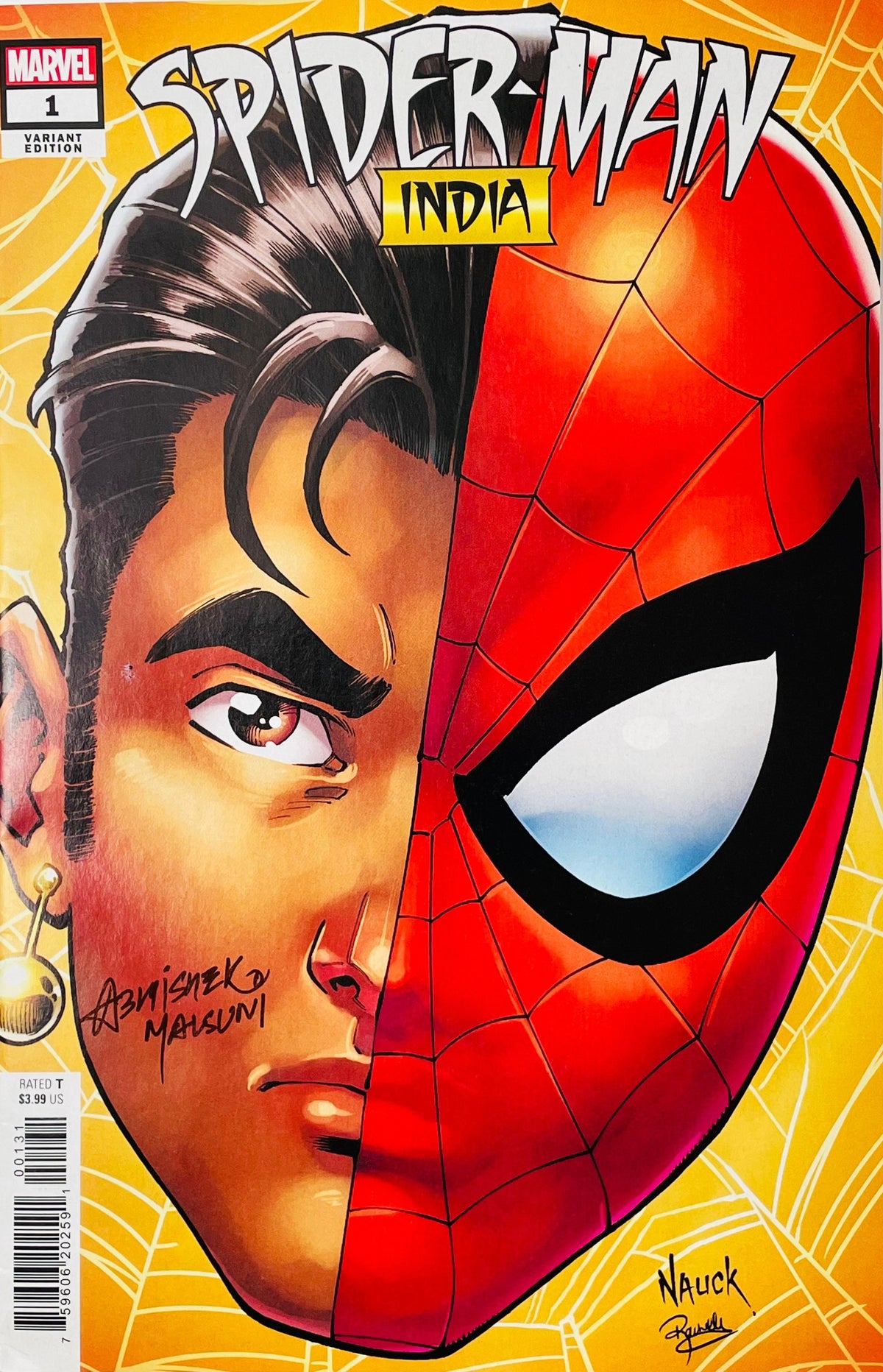 Spider-Man: India issue 1 signed variant comic book published by Marvel Comics featuring Pavitr Prabhakar split face headshot cover art by Todd Nauck signed by Abhishek Malsuni.