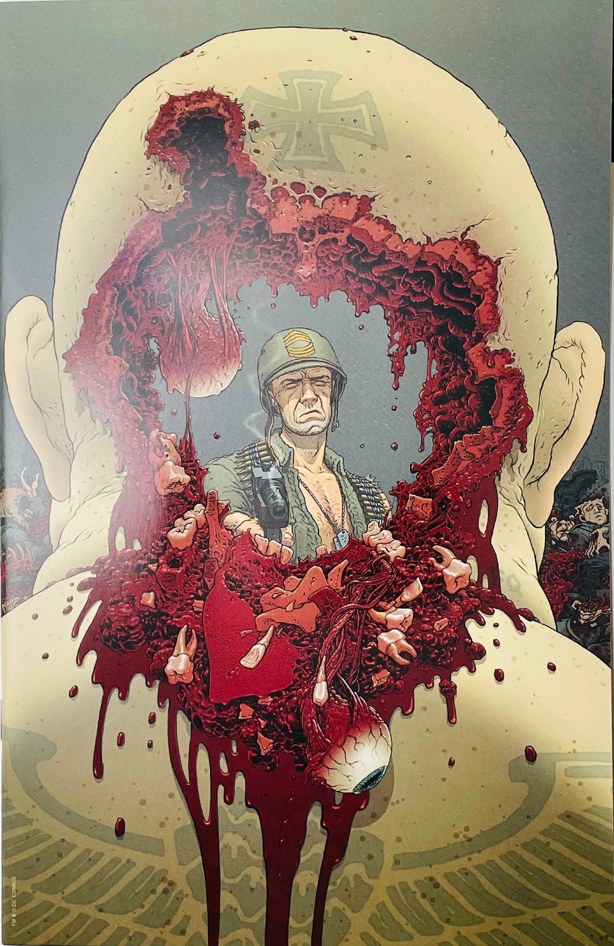 Sgt Rock Between Hell and a Hard Place textless comic art print published by DC Comics featuring Sgt Frank Rock inside a soldier head silhouette cover art by Joe Kubert.