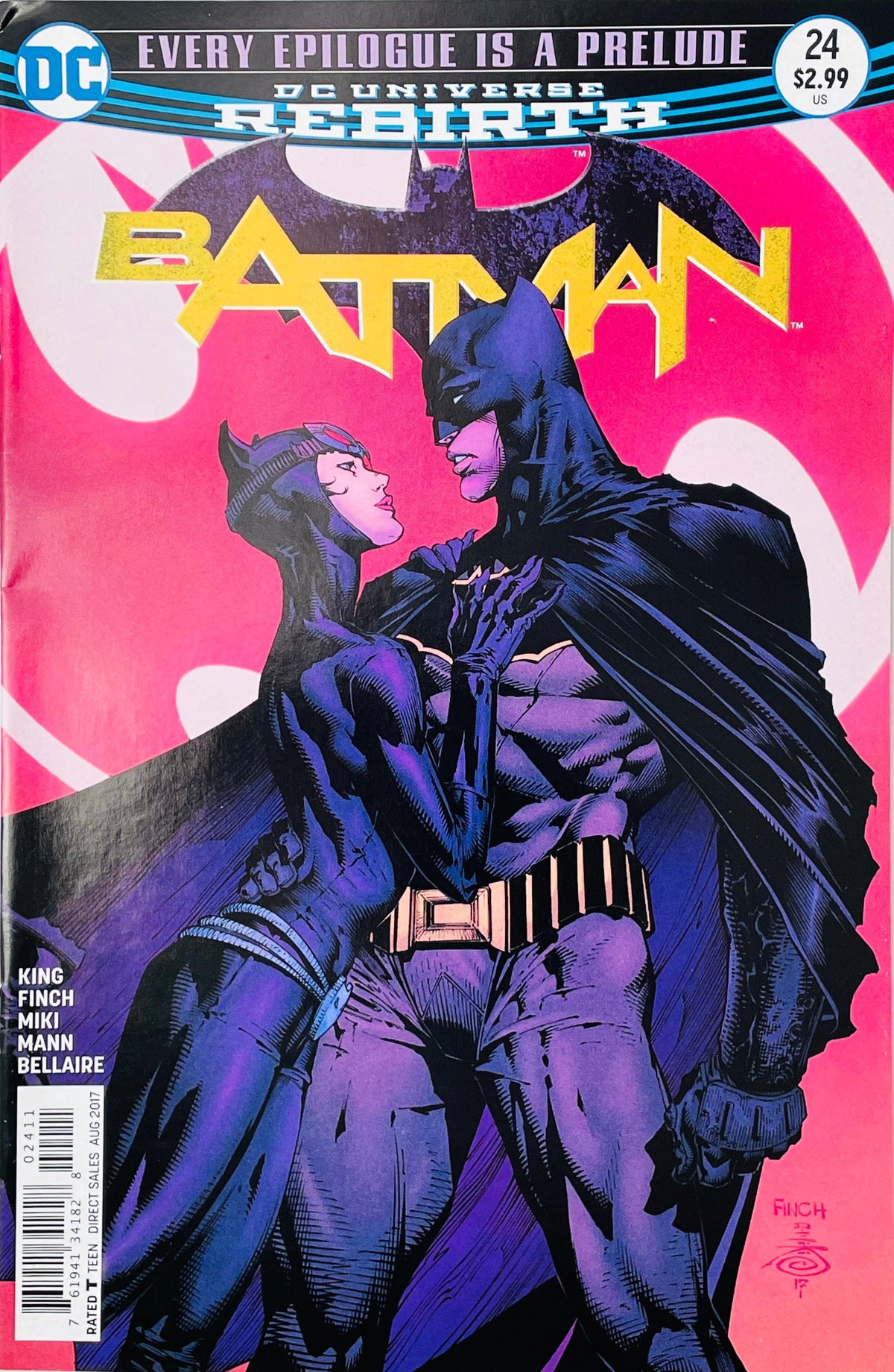 Batman issue 24 key comic book published by DC Comics DC Rebirth featuring Batman embracing Catwoman cover art by David Finch on a pink background.