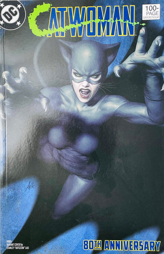 Catwoman 80th Anniversary 100-Page Super Spectacular issue 1 comic book published by DC Comics featuring 1980s blue suit cover art by Stanley Artgerm Lau.