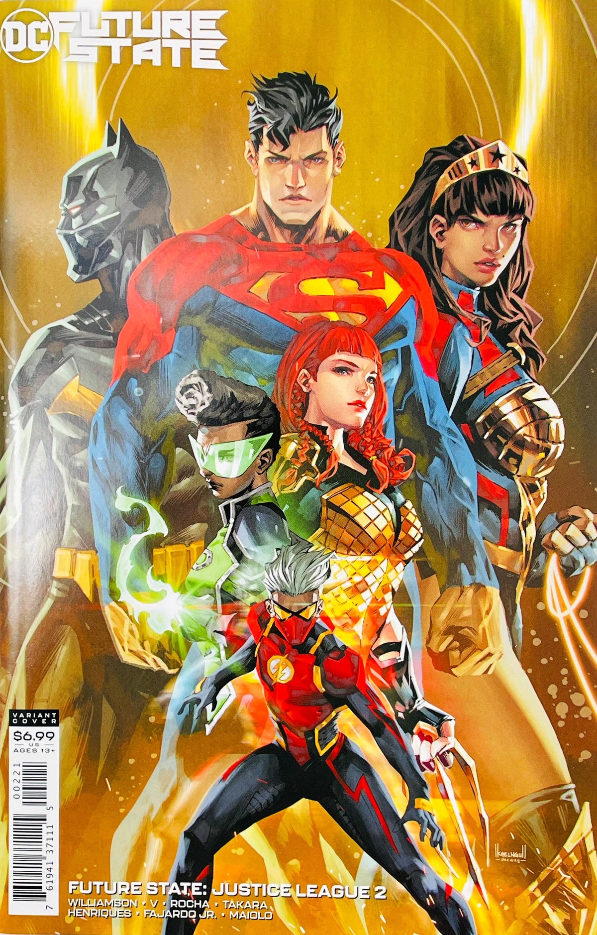 Future State Justice League issue 2 card stock variant comic book published by DC Comics featuring Jon Kent, Yara Flor, and Jace Fox team cover art by Kael Ngu.