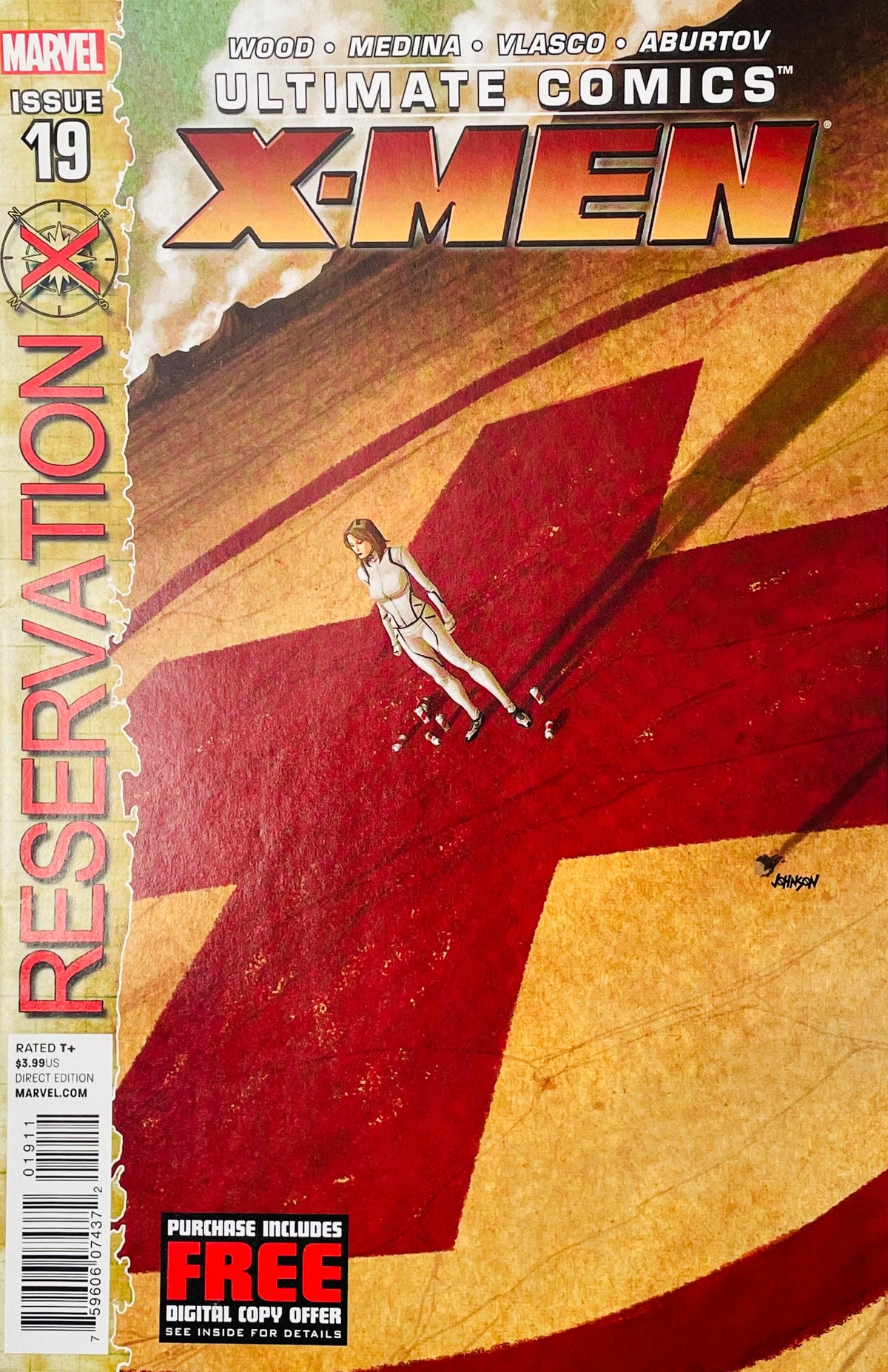 Ultimate Comics X-Men issue 19 comic book published by Marvel Comics featuring Kitty Pryde standing on a red X symbol cover art by Dave Johnson.