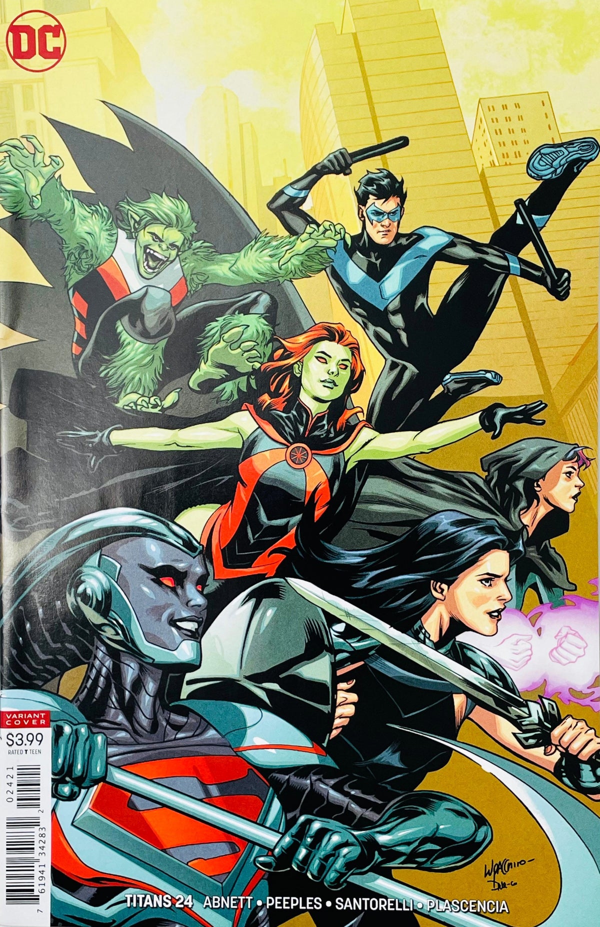 Titans issue 24 variant edition comic book published by DC Comics featuring Nightwing, Miss Martian, Beast Boy, Steel, Donna Troy, and Raven team cover art by Brandon Peterson.
