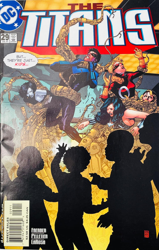 The Titans issue 29 comic book published by DC Comics featuring Nightwing, Donna Troy, and Cyborg bound in cables cover art by Paul Pelletier.