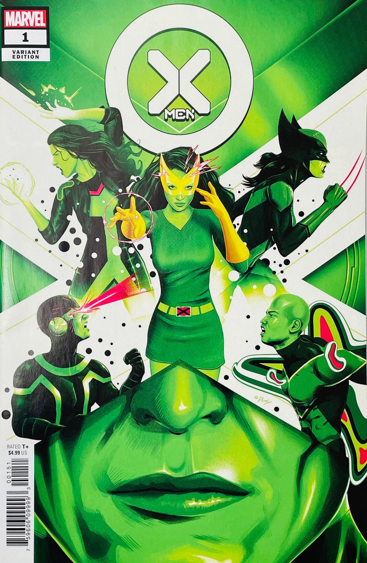 X-Men issue 1 variant edition comic book published by Marvel Comics featuring Jean Grey, Polaris, Cyclops, and Wolverine green team cover art by Dustin Weaver.