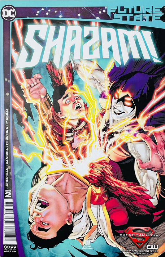 Future State Shazam issue 2 comic book published by DC Comics featuring Shazam and Billy Batson magic lightning cover art by Bernard Chang.