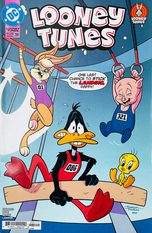 Looney Tunes issue 281 comic book published by DC Comics featuring Lola Bunny, Daffy Duck, Porky Pig, and Tweety Bird gymnastics cover art by Derek Fridolfs.