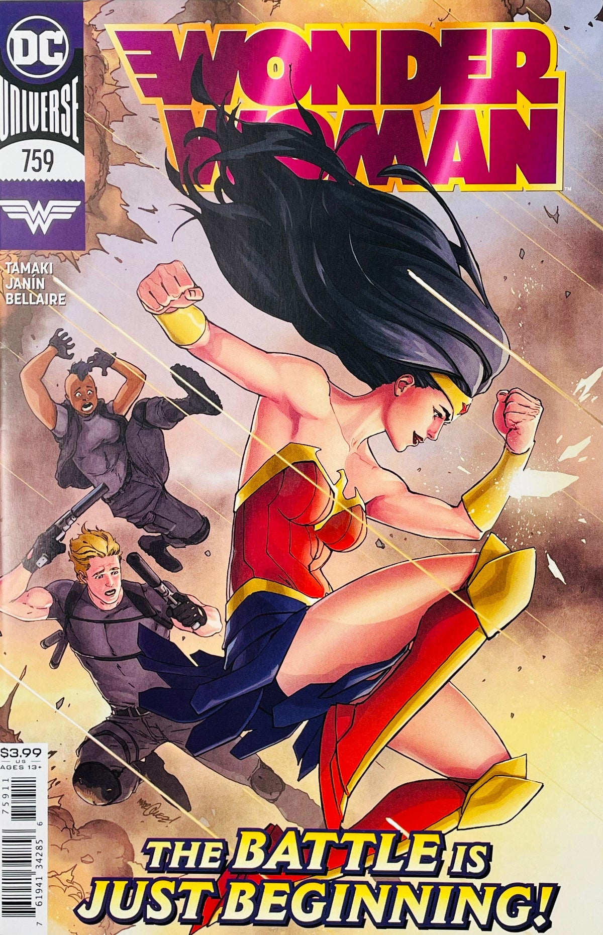 Wonder Woman issue 759 comic book published by DC Comics featuring Wonder Woman leaping through an explosion cover art by David Marquez.