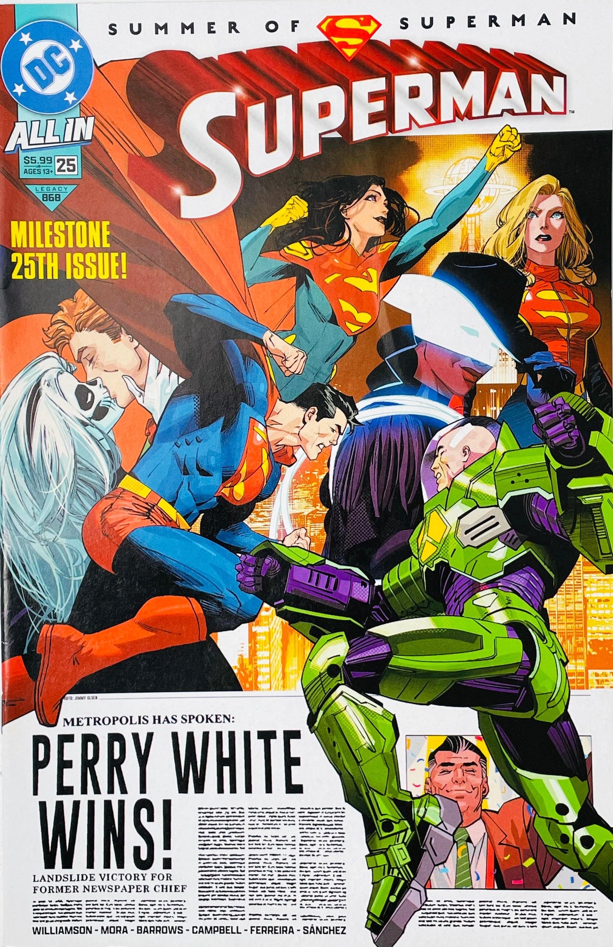 Superman issue 25 DC All In comic book published by DC Comics featuring Superman battling Lex Luthor and Perry White victory headline cover art by Dan Mora.