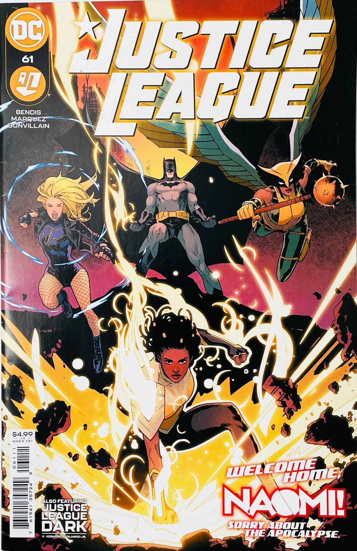 Justice League issue 61 comic book published by DC Comics featuring Naomi, Batman, Black Canary, and Hawkgirl cover art by David Marquez.